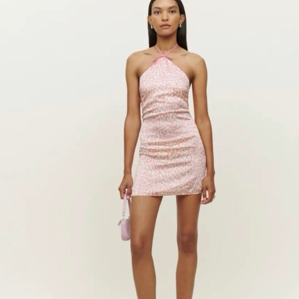 Reformation Light Pink Halter Mini Dress Poppie Silk heart bow Mini date night